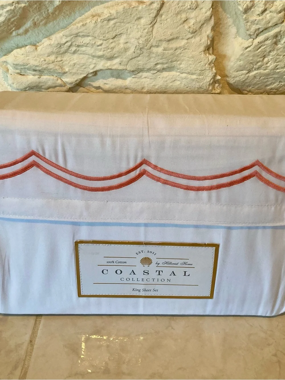 NEW Coastal Collection King Sheet Set - White with Coral Trim